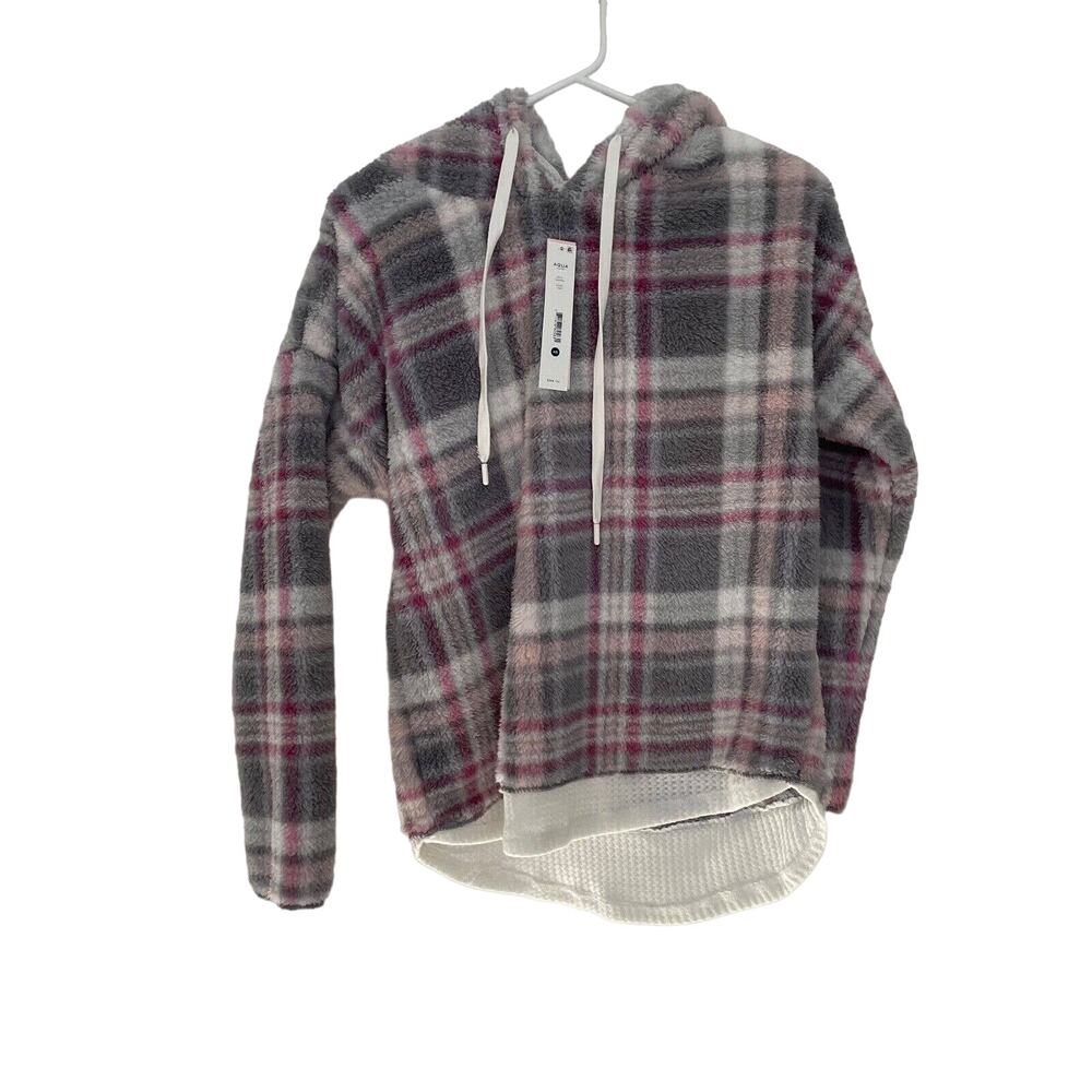 Aqua Lounge Womens Ivory Plaid Fuzzy Fleece Hoodie Waffle Hem RZ8PST3 XS NEW
